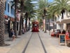 A trolley navigates a thoroughfare with palm trees in Aruba
