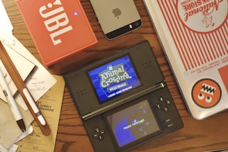 Nintendo DS consoles and games spread out on a desk with sunlight highlighting them.