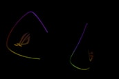 Dark background is highlighted by glowing outlines of colorful triangular shapes with the letters 'ROG' subtly visible, suggesting a gaming or tech-related theme.