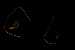 Dark background is highlighted by glowing outlines of colorful triangular shapes with the letters 'ROG' subtly visible, suggesting a gaming or tech-related theme.