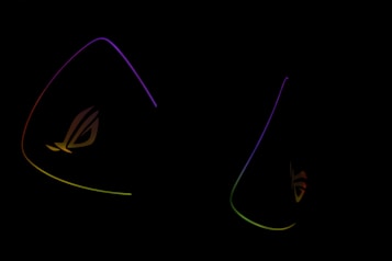 Dark background is highlighted by glowing outlines of colorful triangular shapes with the letters 'ROG' subtly visible, suggesting a gaming or tech-related theme.