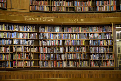A bookshelf filled with diverse horror and sci-fi novels.