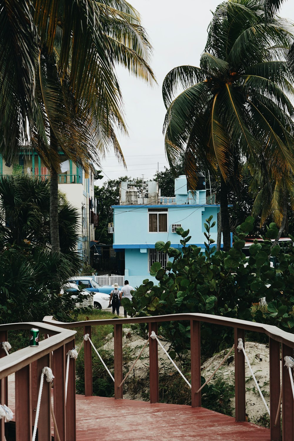 white and blue concrete building near palm trees during daytime