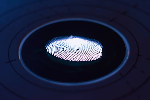 Minimalist digital fingerprint with sha-256 hash glowing softly in bronze on a black backdrop.