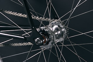 A close-up view of a bicycle wheel focusing on the hub and spokes. The metallic spokes radiate from the central hub, which is intricately designed and features visible screws and a rotating mechanism. The chain and part of the frame are also visible, demonstrating precision engineering and craftsmanship.