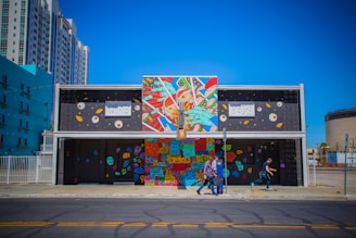 A colorful abstract mural in an urban setting.