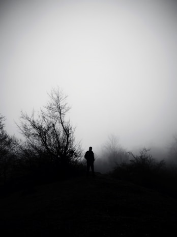 A conceptual photo of a lone figure enveloped in mist, evoking mystery and introspection.