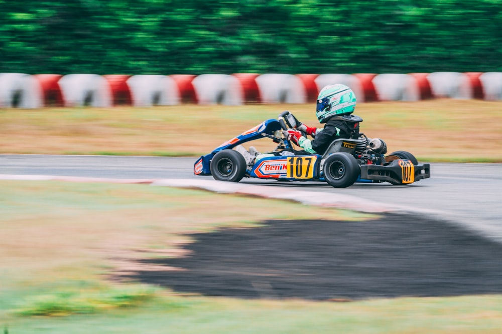 black and white go kart on track