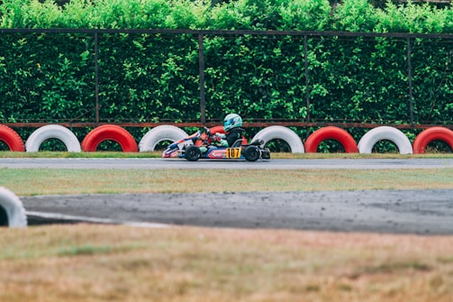 A go-kart is racing on a track with a driver wearing a helmet. The track is lined with alternating red and white tire barriers, and a lush green hedge serves as a backdrop.