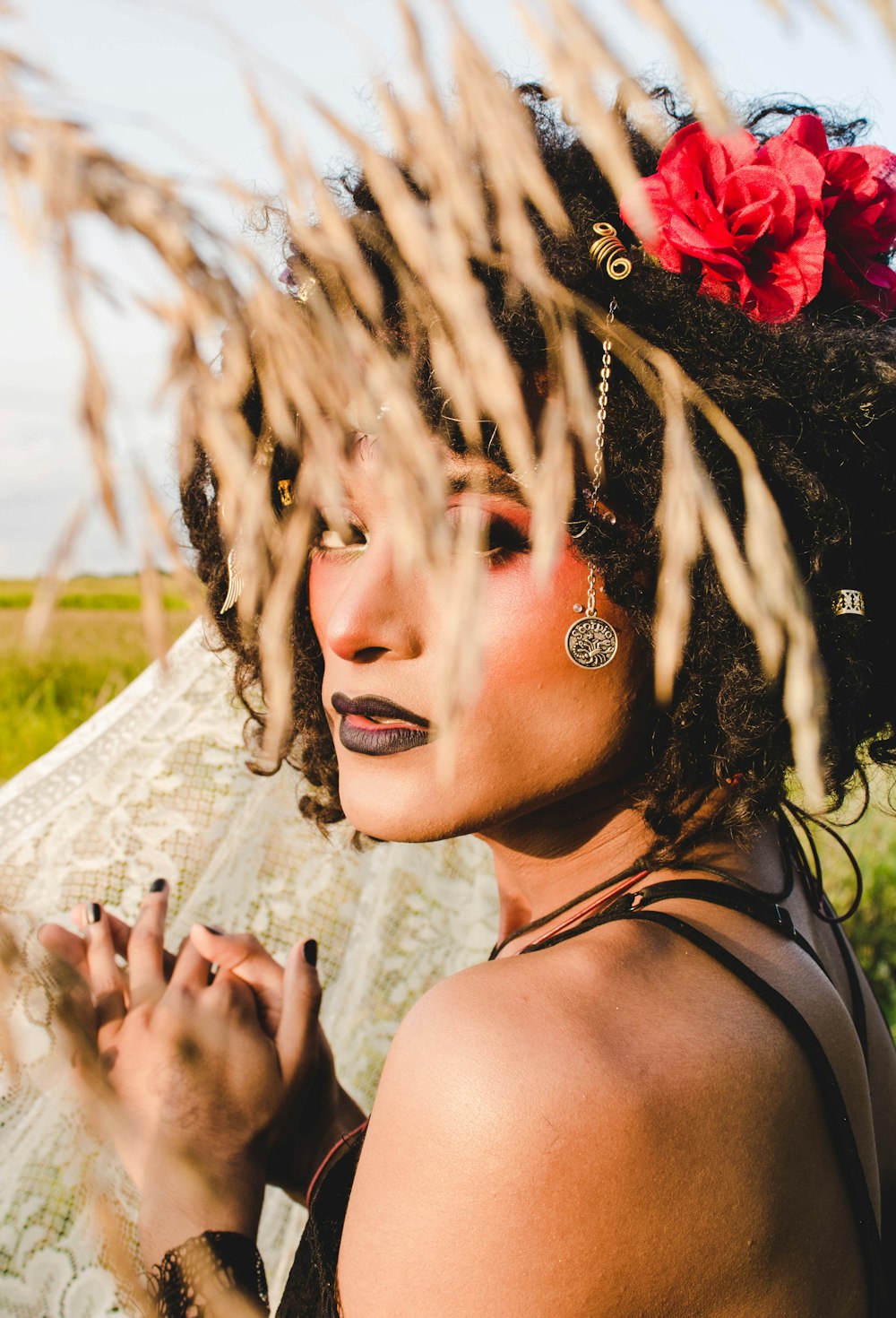 woman in white wedding dress with red lipstick