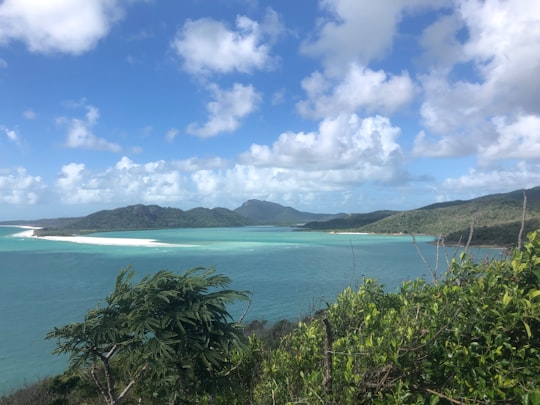 green mountain near body of water under blue sky and white clouds during daytime in Whitehaven Beach Australia