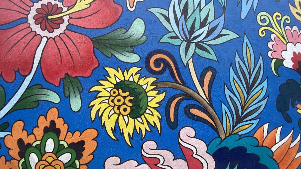 blue yellow and red floral textile