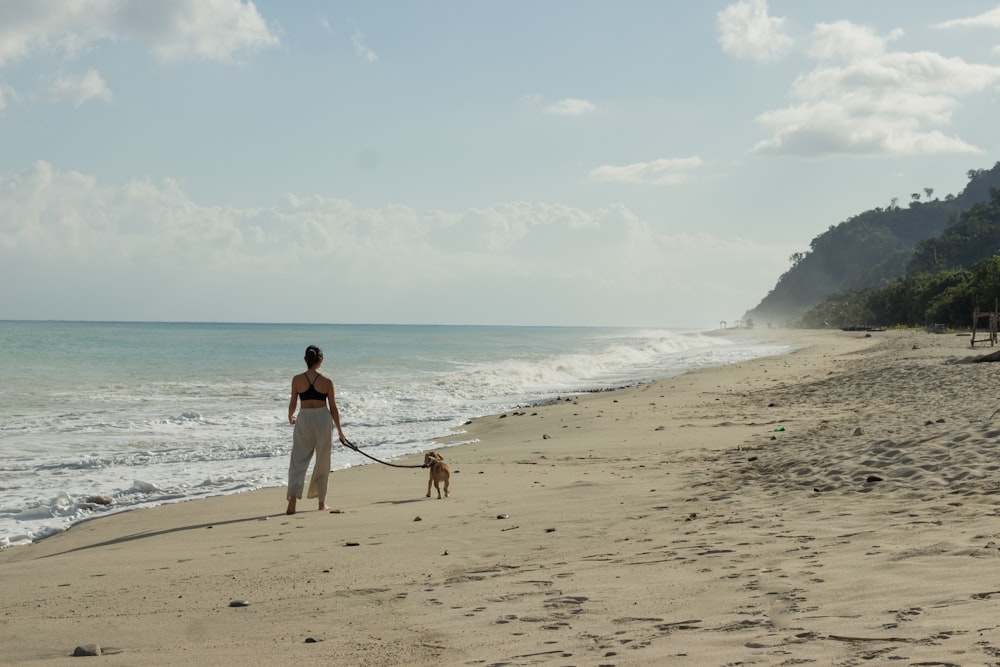 man in white shirt and brown shorts holding white dog on beach during daytime