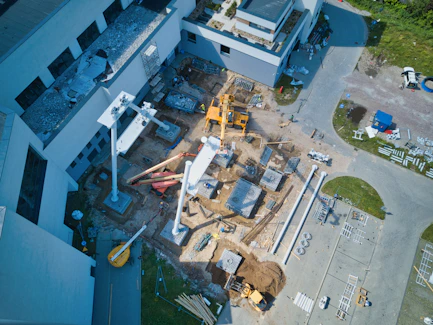 aerial view of white and blue building