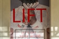 A poster displaying a person wearing white athletic gear, with their hands clasped near their face, and covered in white chalk or powder. The word 'LIFT' is prominently displayed in bold red letters, accompanied by the text 'LET'S LIFT YOUR MOOD' below.