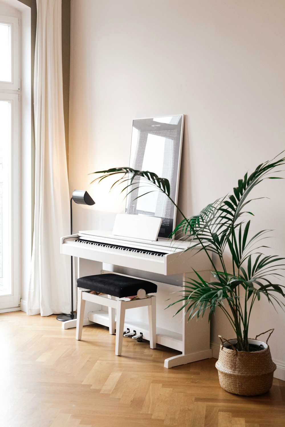 Schwarz-Weiß-Klavier in der Nähe von grüner Zimmerpflanze