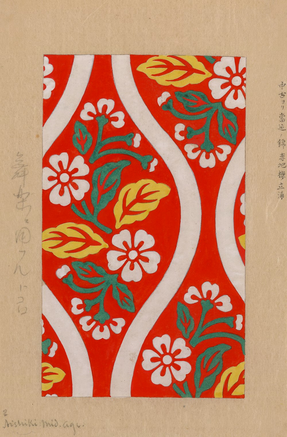 Brocado de Nishiki com flores de cerejeira e desenhos de ondas no fundo vermelho