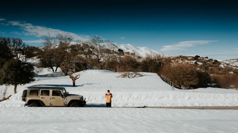 Persona in giacca gialla in piedi su un terreno coperto di neve durante il giorno