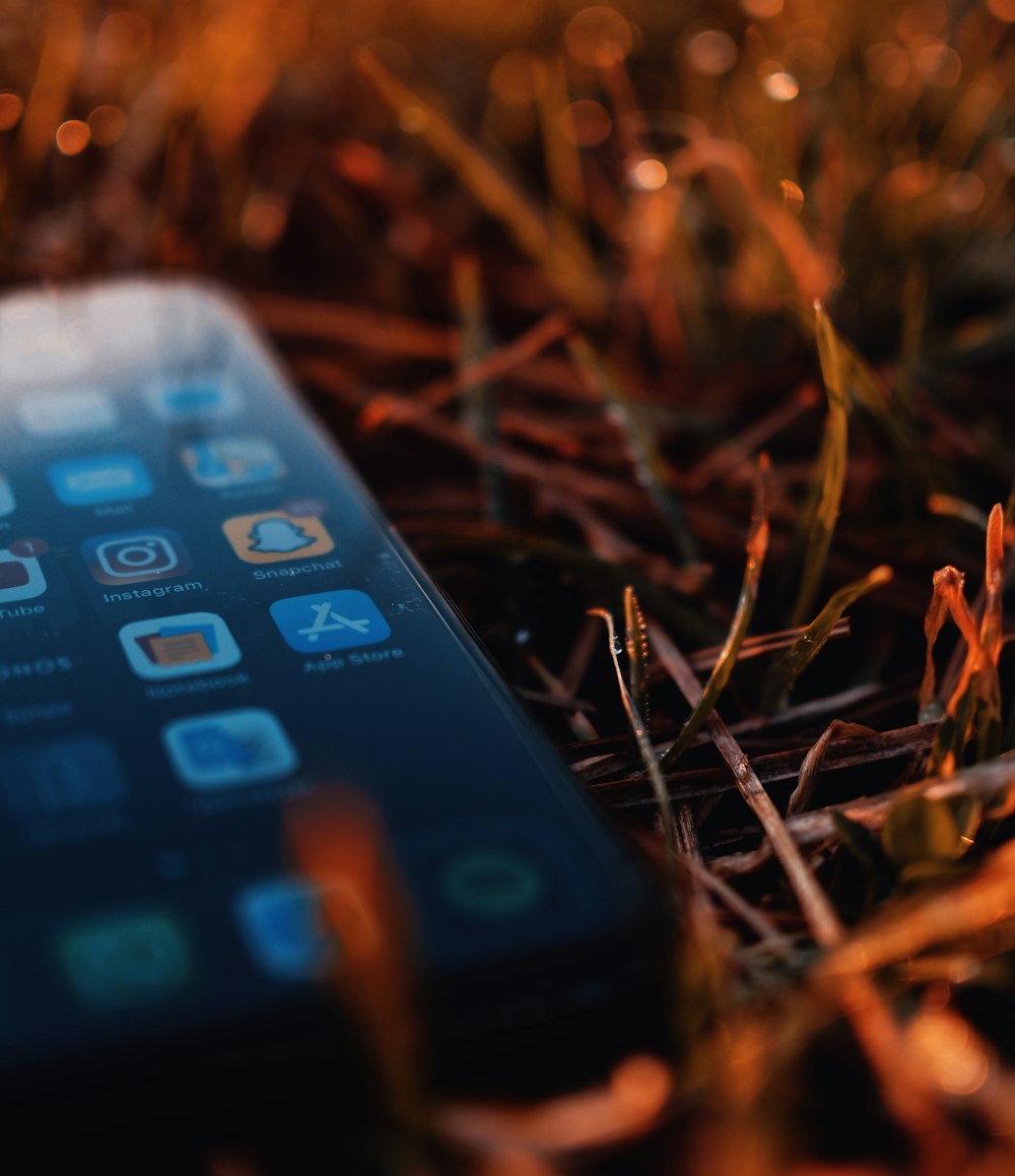 black iphone 4 on brown dried leaves