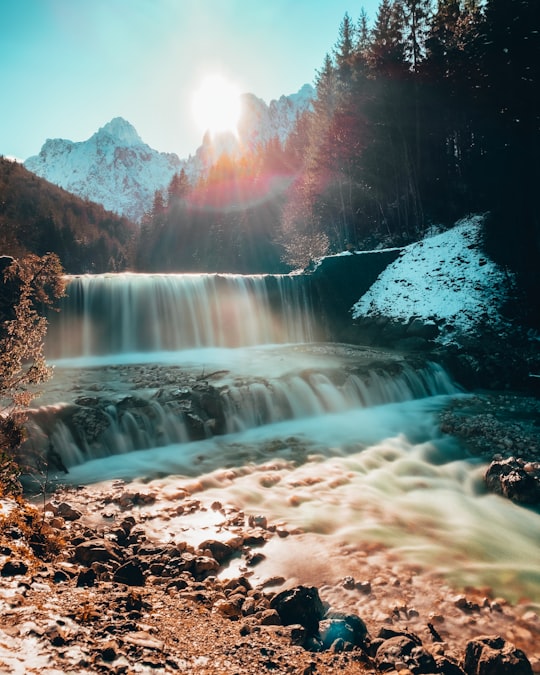 waterfalls near green trees during daytime in Krnica Slovenia