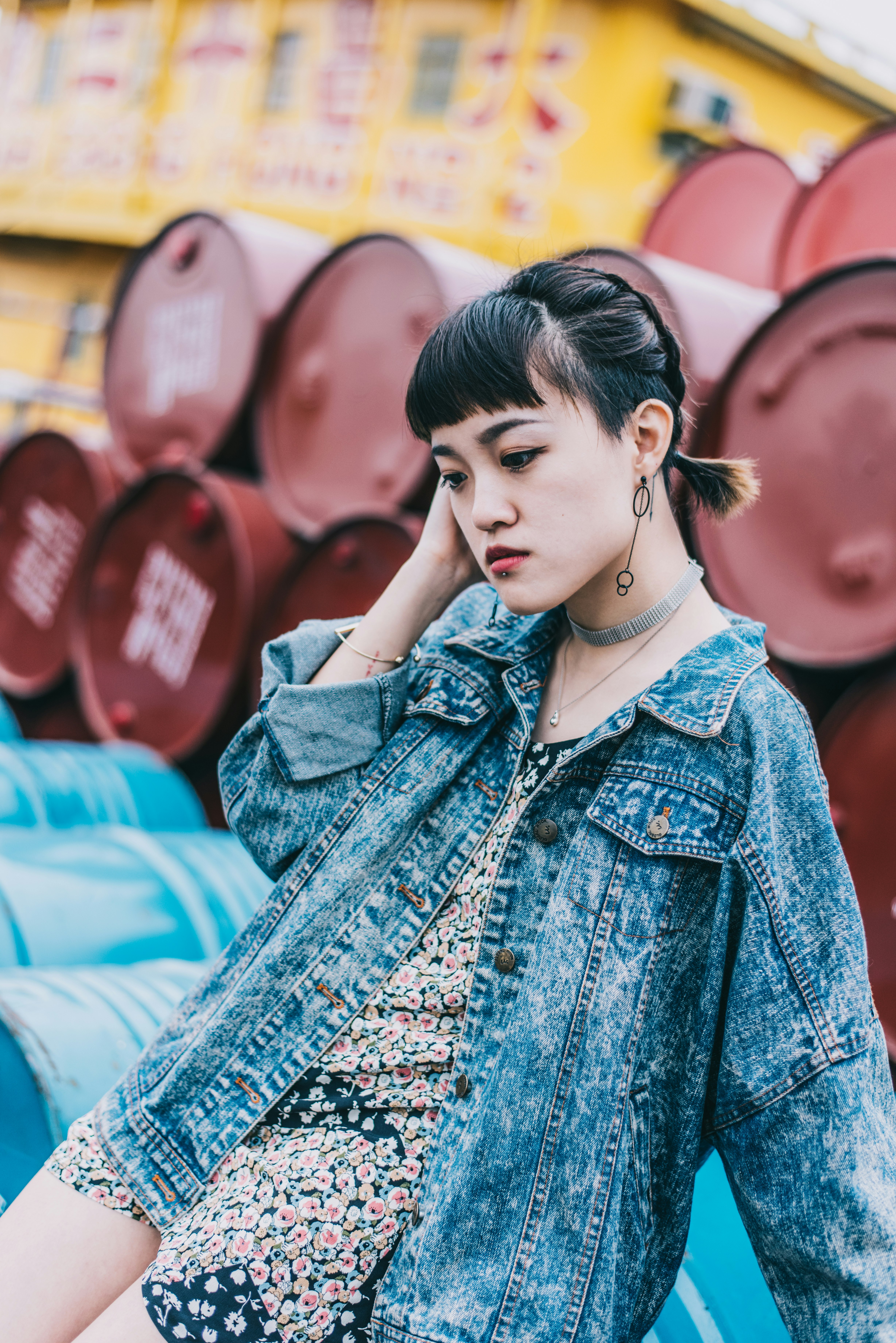 woman in blue denim jacket