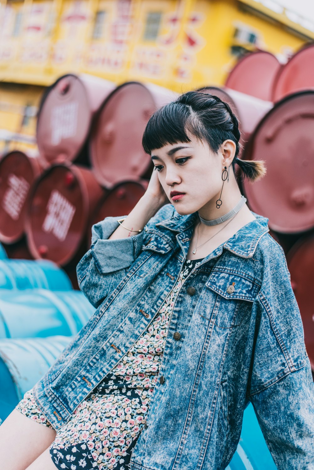 woman in blue denim jacket