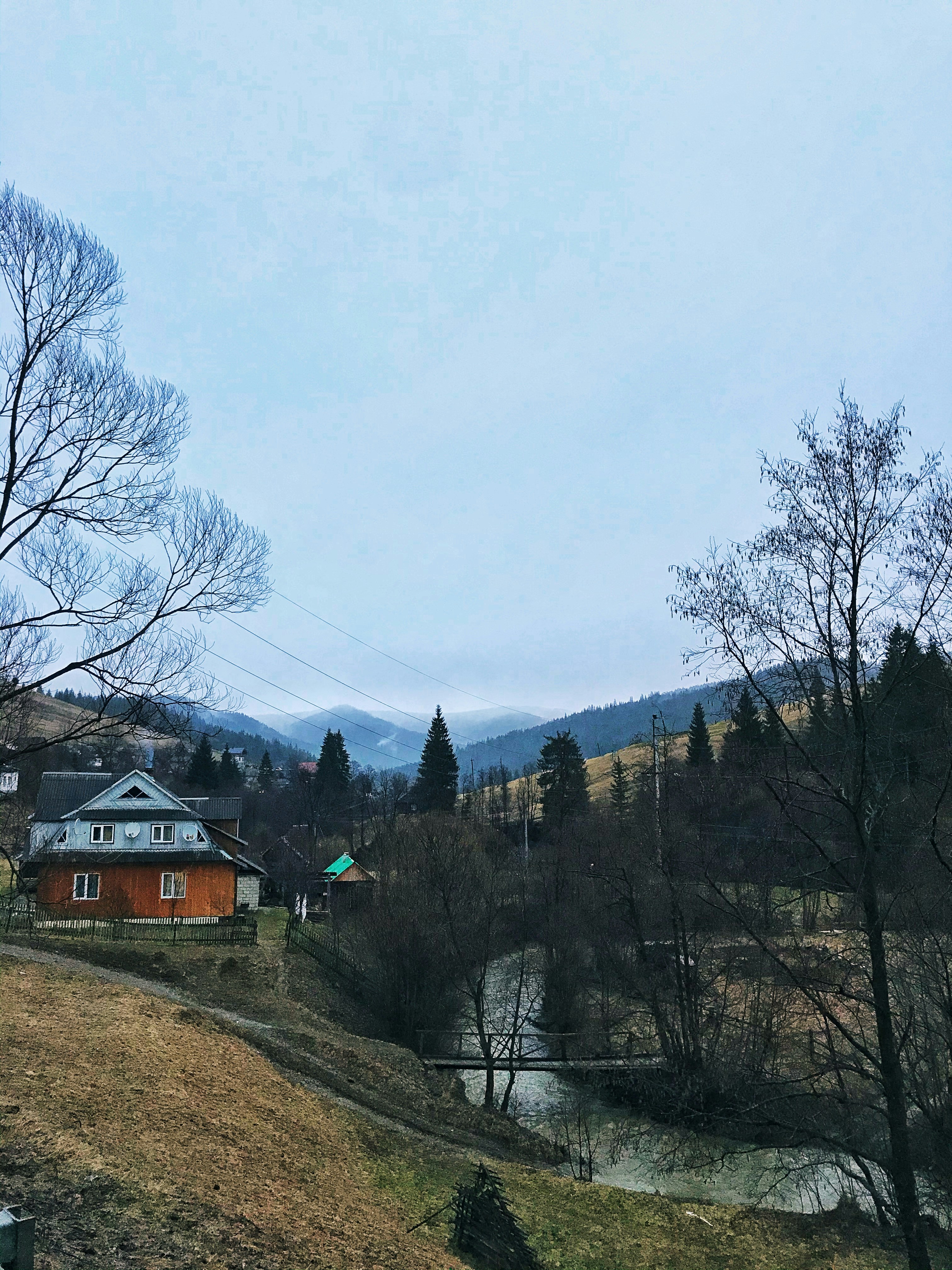 brown house near bare trees under white sky during daytime