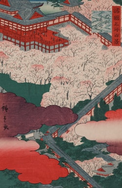 A traditional Japanese illustration featuring a large, intricately designed wooden building surrounded by cherry blossom trees. Several red clouds hover above, and there are paths and bridges connecting different parts of the scene. The architecture showcases classic Japanese elements with elevated walkways and ornate roofs.