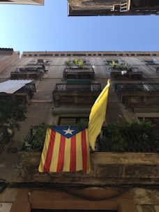 A building facade with multiple floors featuring potted plants on balconies. A flag with red and yellow vertical stripes and a blue triangle with a white star is prominently displayed. The sky above is clear and blue.