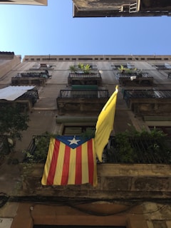 A building facade with multiple floors featuring potted plants on balconies. A flag with red and yellow vertical stripes and a blue triangle with a white star is prominently displayed. The sky above is clear and blue.