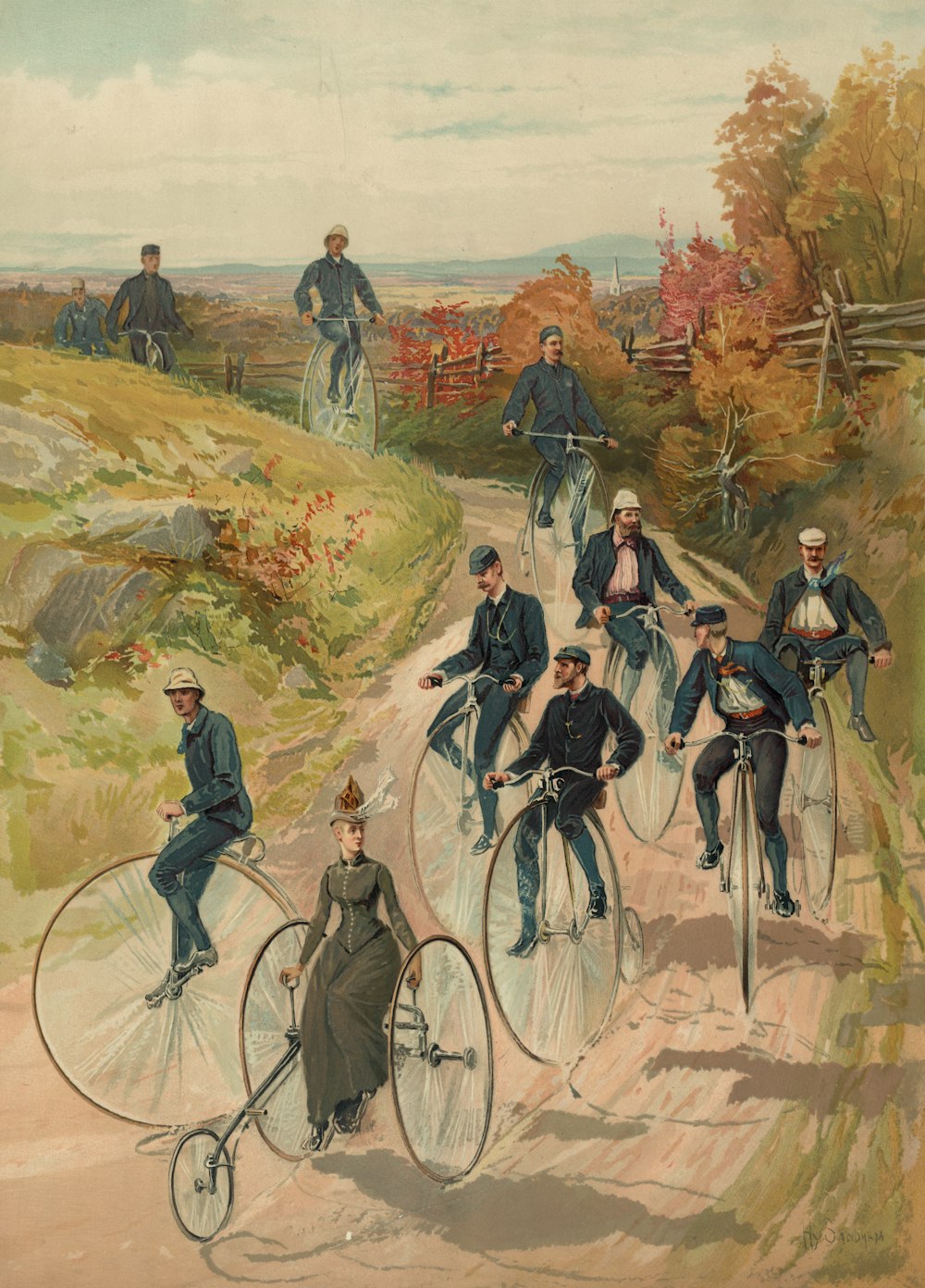 Woman, on three wheel bicycle, followed by men on high-wheelers.