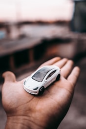 person holding white and black car scale model