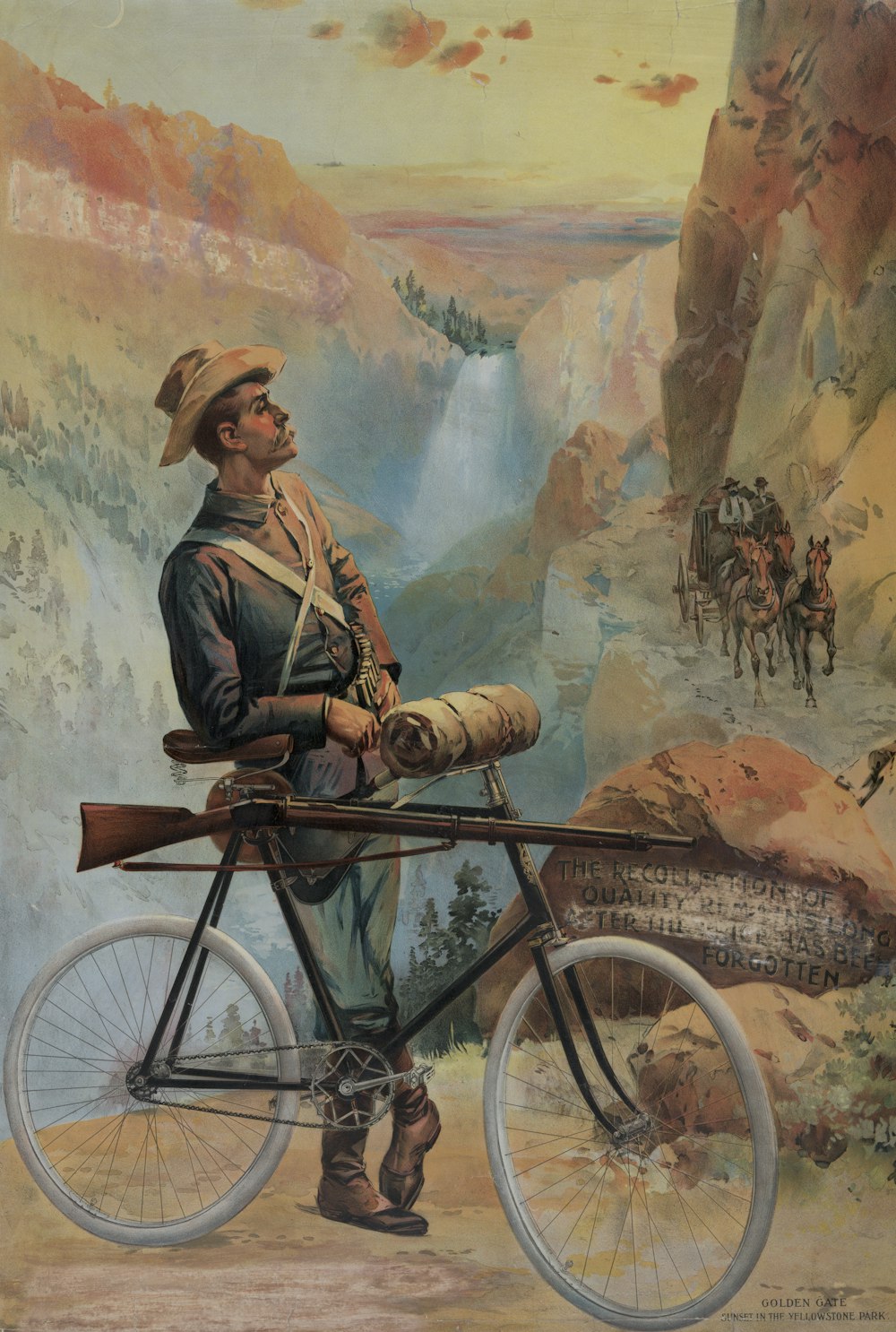 Man, with a bicycle to which a rifle is fastened, standing on a mountain path