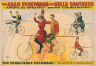 A vintage circus poster featuring performers in colorful costumes balancing on bicycles. The background has a gradient of oranges and yellows, and the text above and below promotes 'The Adam Forepaugh and Sells Brothers' circus, highlighting 'The Miraculous Melrosas' as mid-air riders of the standard wheel. Performers are holding long poles for balance, and the scene conveys a sense of acrobatics and entertainment.