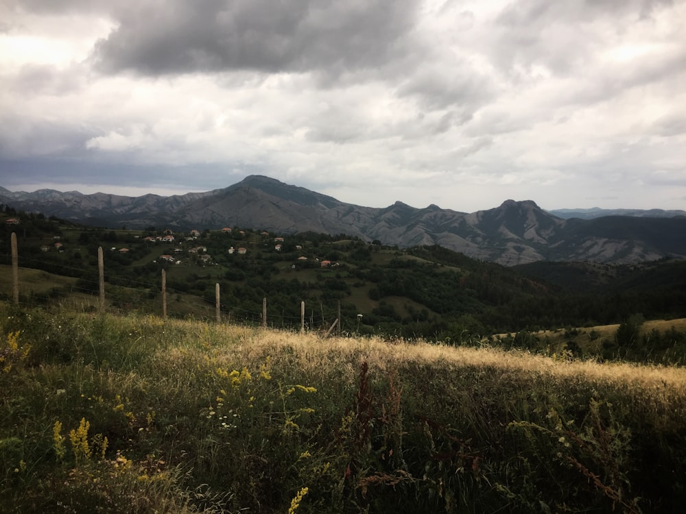 campo de grama verde perto da montanha sob nuvens brancas durante o dia