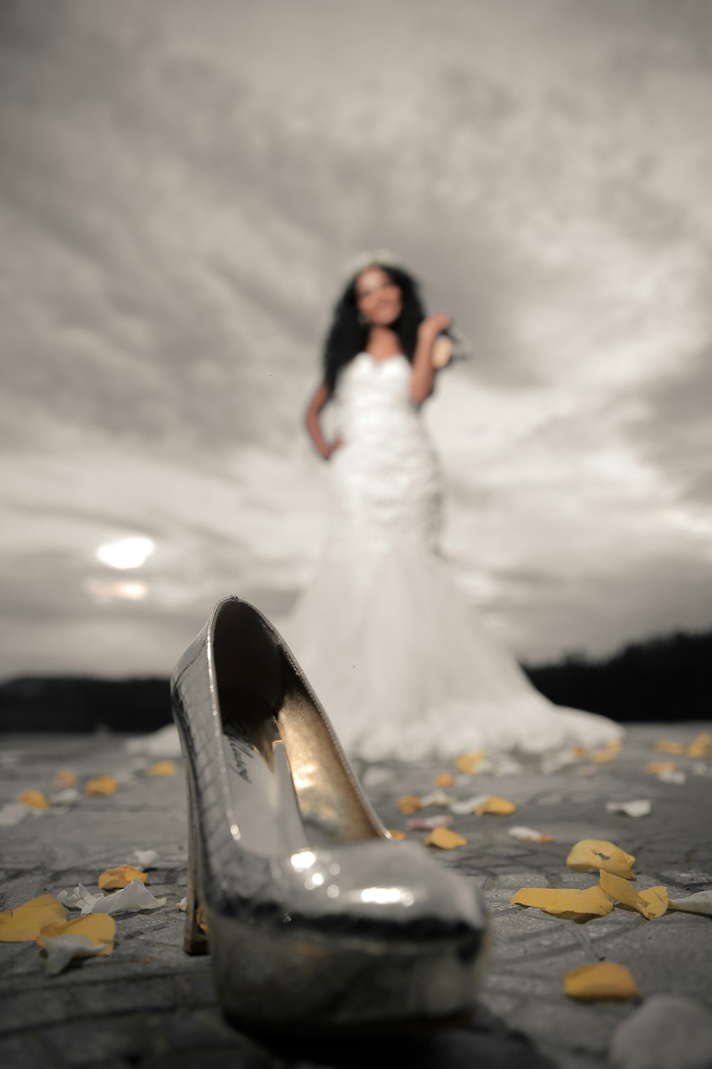woman in white wedding dress and black flats