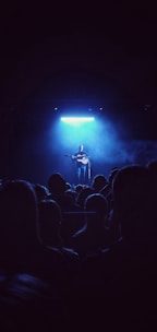 silhouette of people standing on stage with green lights