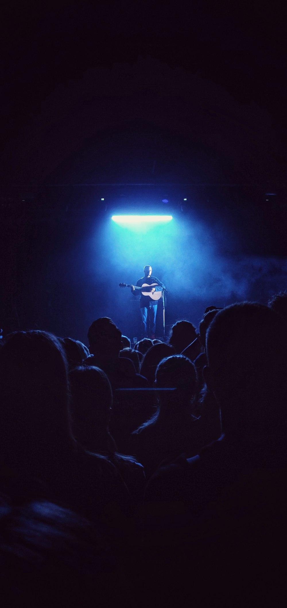 silhouette of people standing on stage with green lights