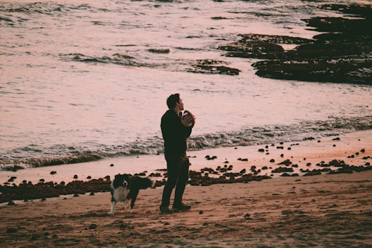man in black jacket standing on seashore with dog in Estoril Portugal