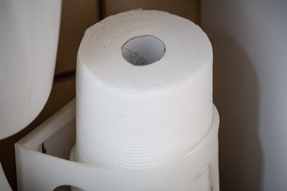 white toilet paper roll on white toilet bowl