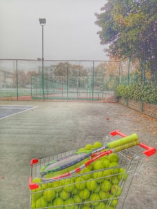A wire basket filled with numerous tennis balls and a pair of tennis racquets is positioned on an outdoor tennis court. The court is surrounded by a tall chain-link fence. The scene is set on a foggy day with trees in the background and an overcast sky. Visible leaves on the ground suggest late autumn.