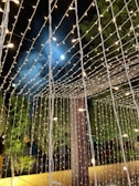 A lively event setup with string lights and farm backdrop during twilight.