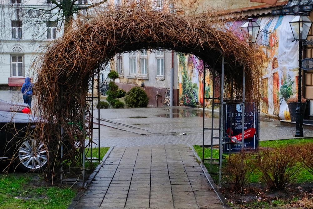 brauner Holzweg zwischen grünem Gras und Bäumen