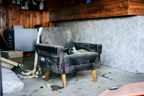 A worn armchair with pet hair and stains before the cleaning process
