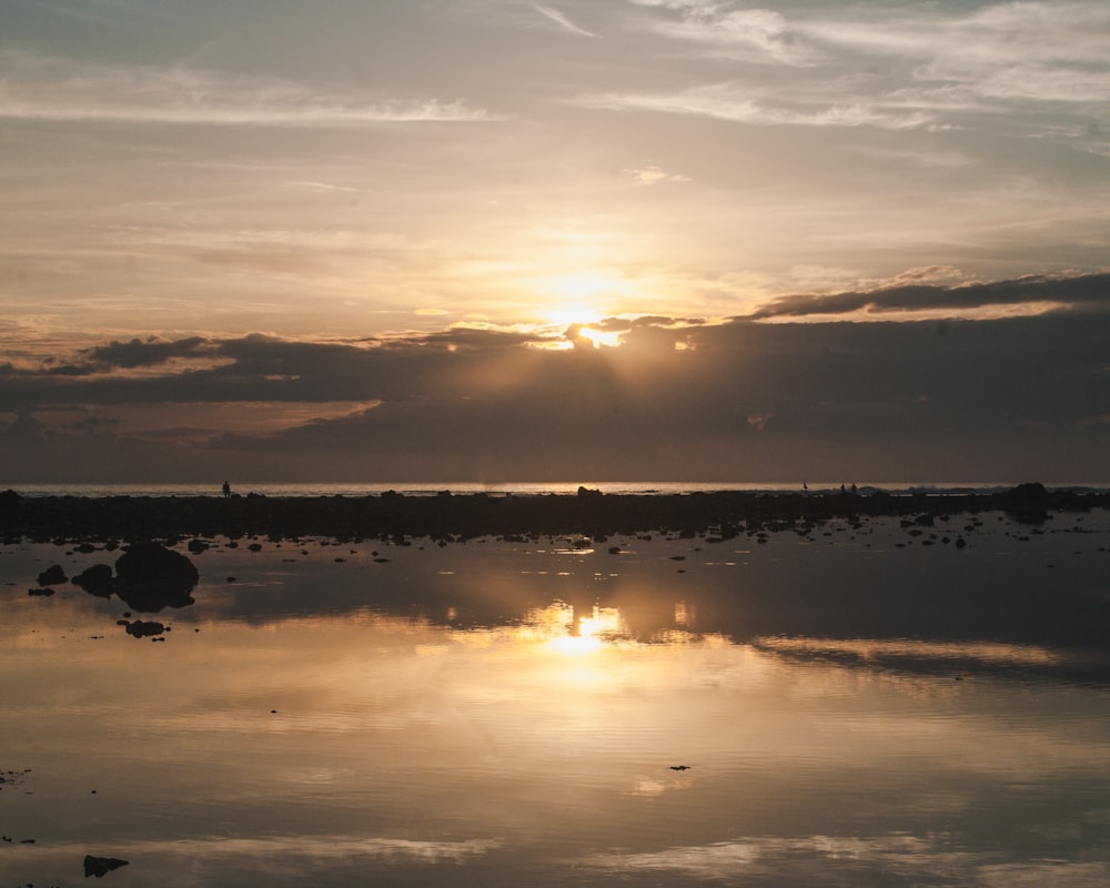 body of water during sunset