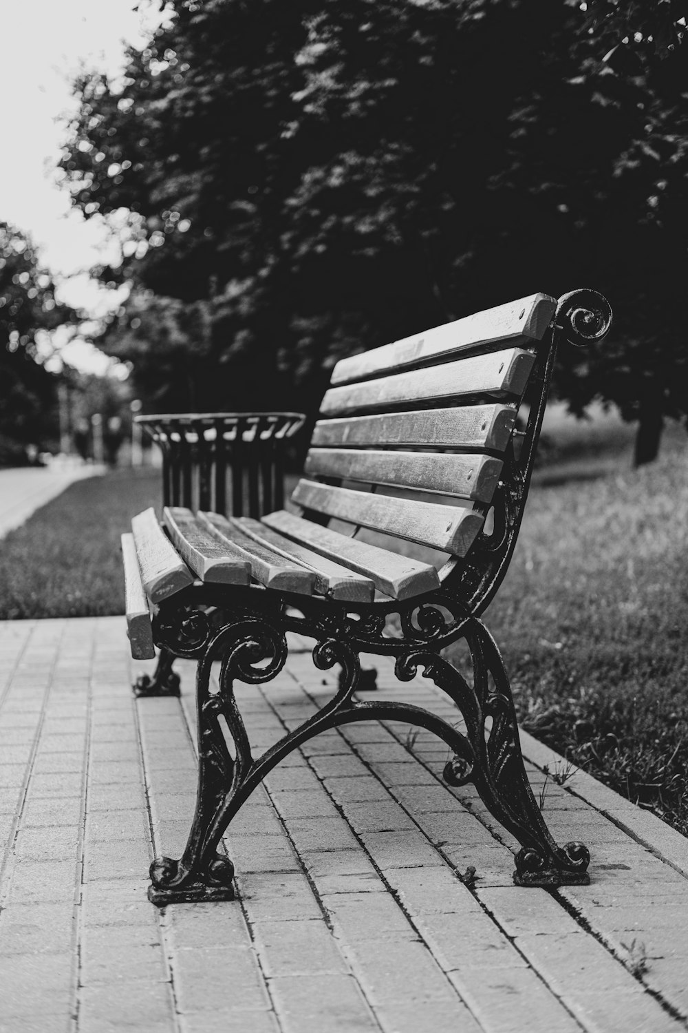 grayscale photo of wooden bench