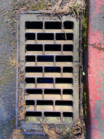 A rectangular metal drainage grate is embedded in the ground, surrounded by a mix of concrete and dried leaves. The grate has vertical and horizontal bars forming small rectangular openings. There is some moss and dirt accumulating around the edges, and part of the surrounding surface is painted red.
