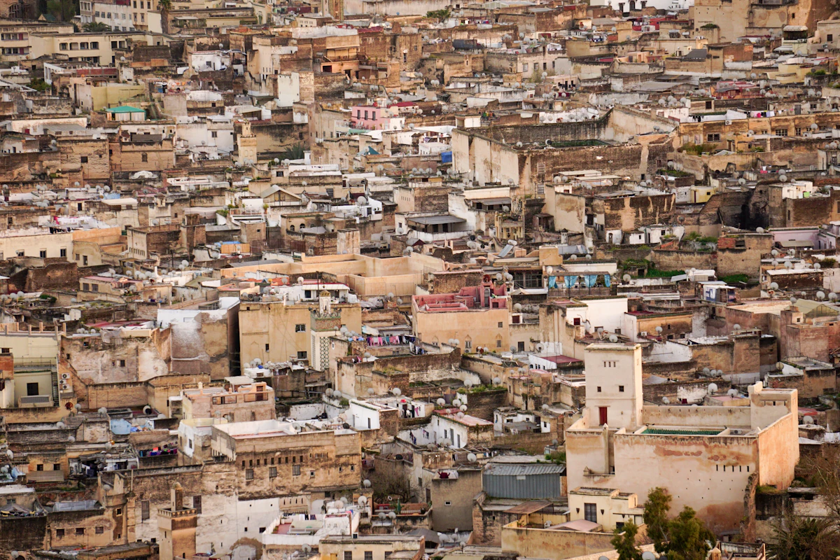 The dense rooftops of the Fès medina seen from above