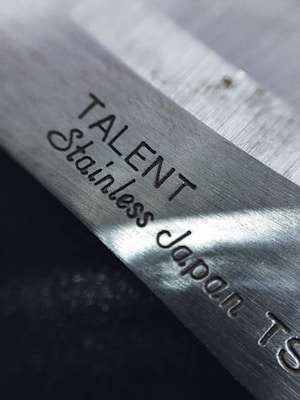 Close-up view of the engraved text 'TALENT Stainless Japan' on the surface of a polished metal object, likely a blade or tool.
