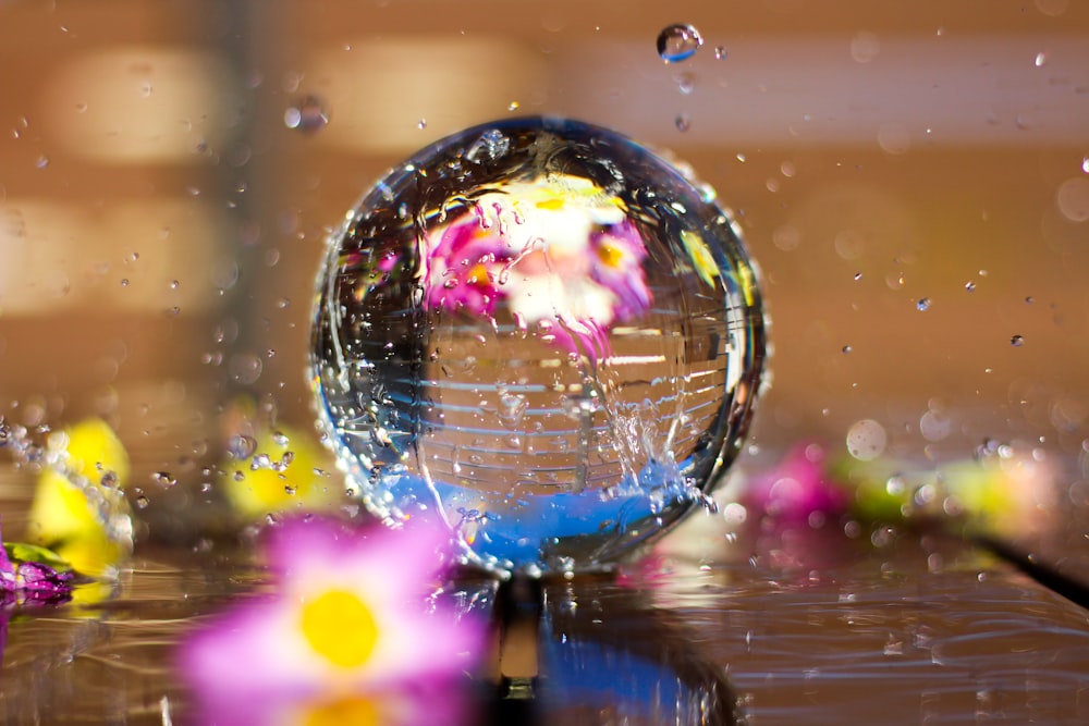 water droplets on bubble in tilt shift lens